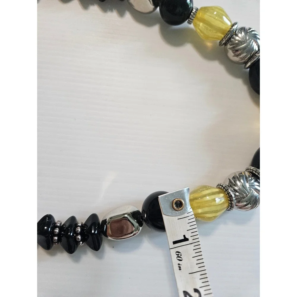 Black and Yellow Beaded Statement Necklace Silver Tone Chunky Adjustable